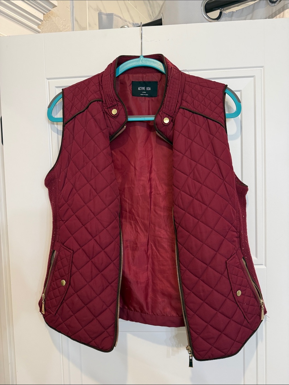 Active USA Quilted Wine Red Sleeveless Vest with Gold Accents